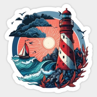 Guiding Seafarers: Nautical Light Tower Art Print in Red, White, and Blue Sticker